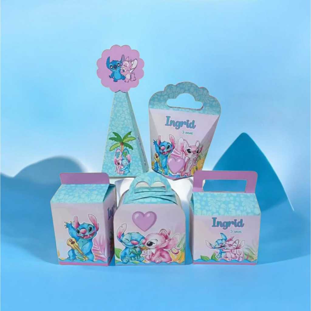 Personalizados Caixinhas com nome e idade Stitch e Angel  Festa Aniversário Lembrancinhas