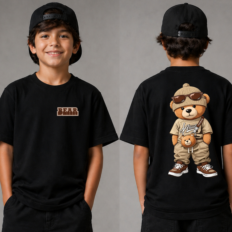 Camiseta Infantil Masculina Urso Estiloso Streetwear Roupa Infantil Moda Kids Algodão Premium