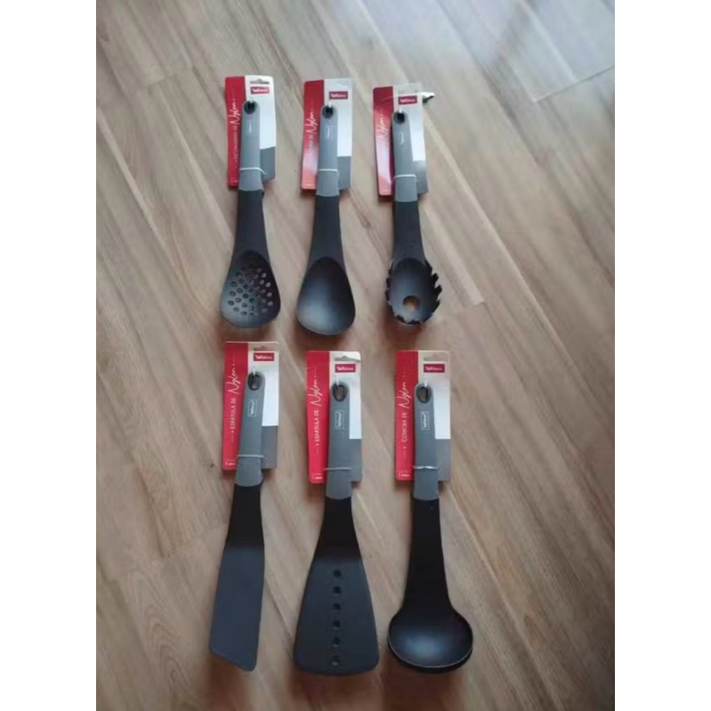 Jogo de Cozinha 6 Peças Nylon Antiaderente Resistente Calor Colher Concha Espátula Escumadeira Pegador Cabo Emborrachado