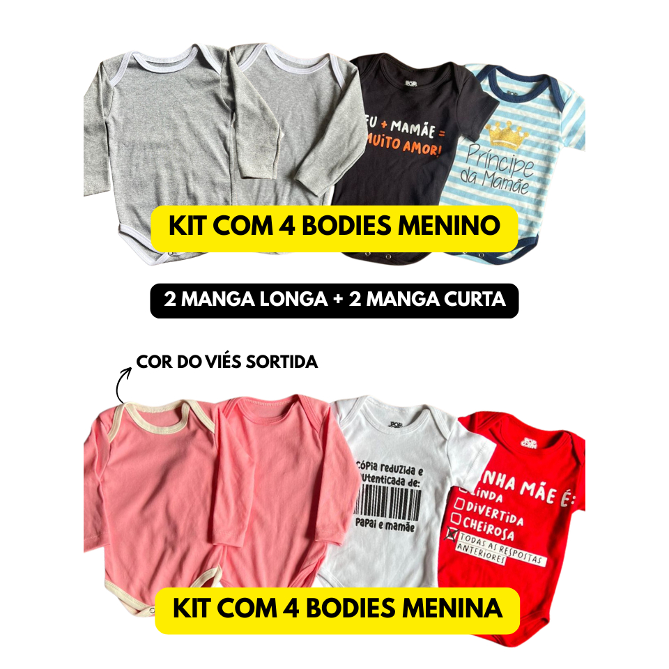 Kit 4 Peças Body Infantil Bebê Menino Menina Algodão - 2 Unidades Manga Longa e 2 Unidades Manga Curta até 12 meses