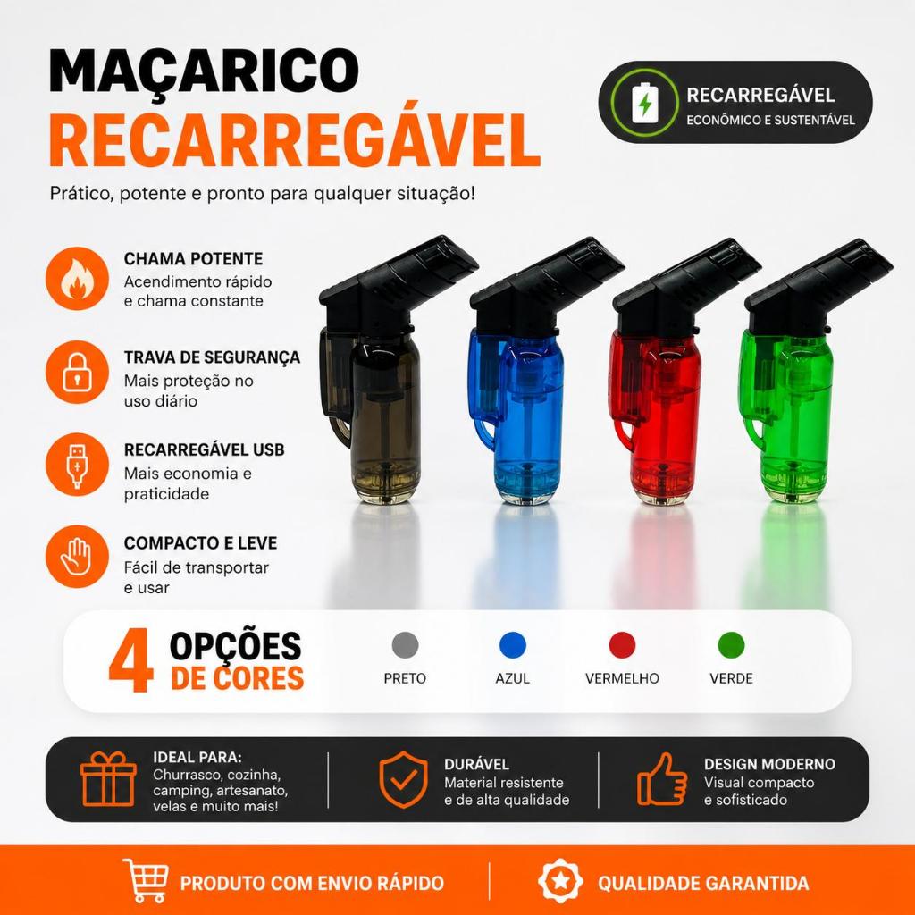 Mini Maçarico Recarregável Portátil - Acendedor Automático (8cm x 5cm x 3cm) - ENVIO IMEDIATO!