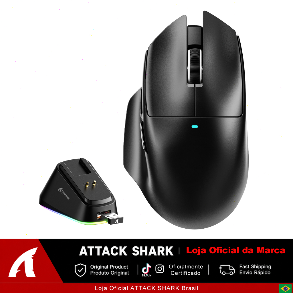 ATTACK SHARK Mouse Gamer V6 Sem Fio 25K DPI 65g com Dock Magnético RGB