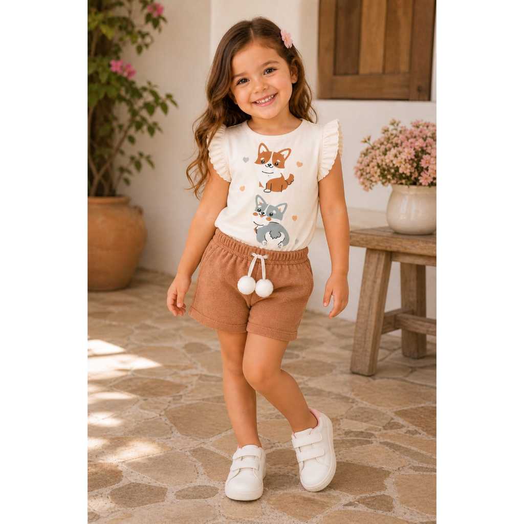 CONJUNTO VERÃO INFANTIL MENINA. BLUSA COM MANGA FRANZIDA + BERMUDA COM POMPOM