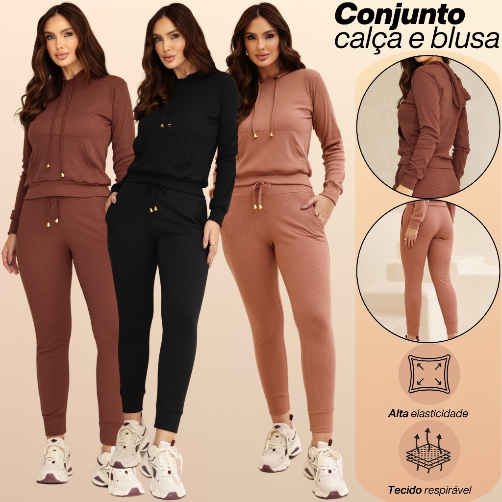 Conjunto Feminino Calça Jogger e Blusa Canguru C Capuz Tipo Moletom Para o Frio Inverno C ...