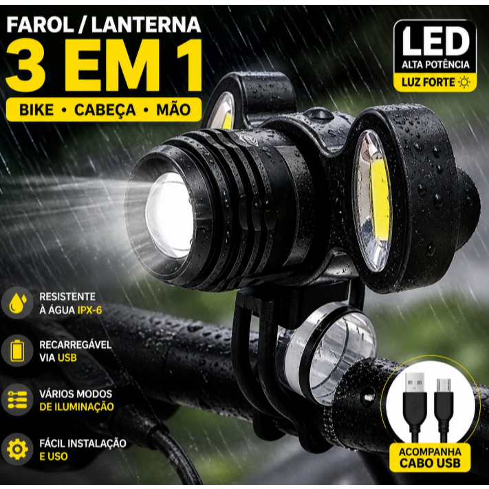 Farol Bike + Lanterna de Cabeça LED Recarregável IPX6 Prova D’Água Luz Forte para Bicicleta Trilha