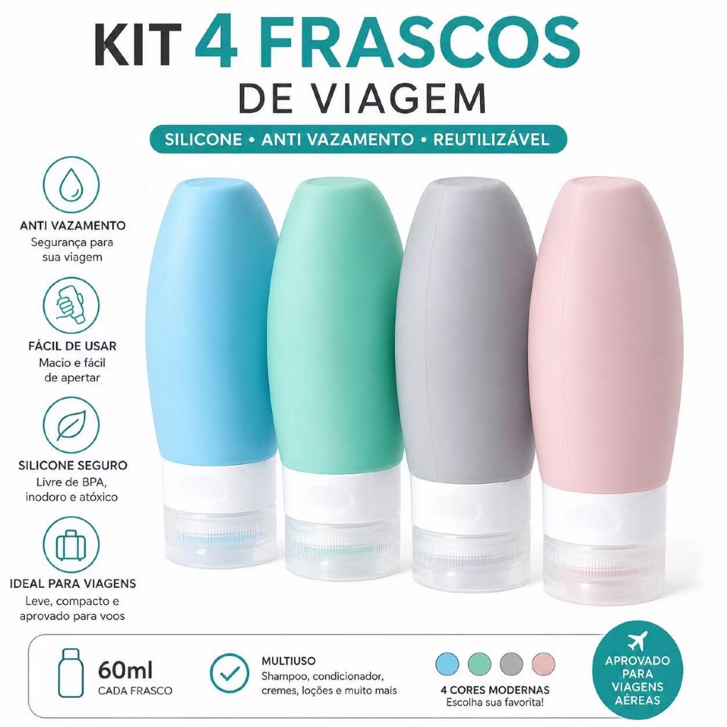 Kit 4 Frasco De Cosmetico 90ml Silicone Para Viagem Portatil Shampoo Creme Loçao Sabonete