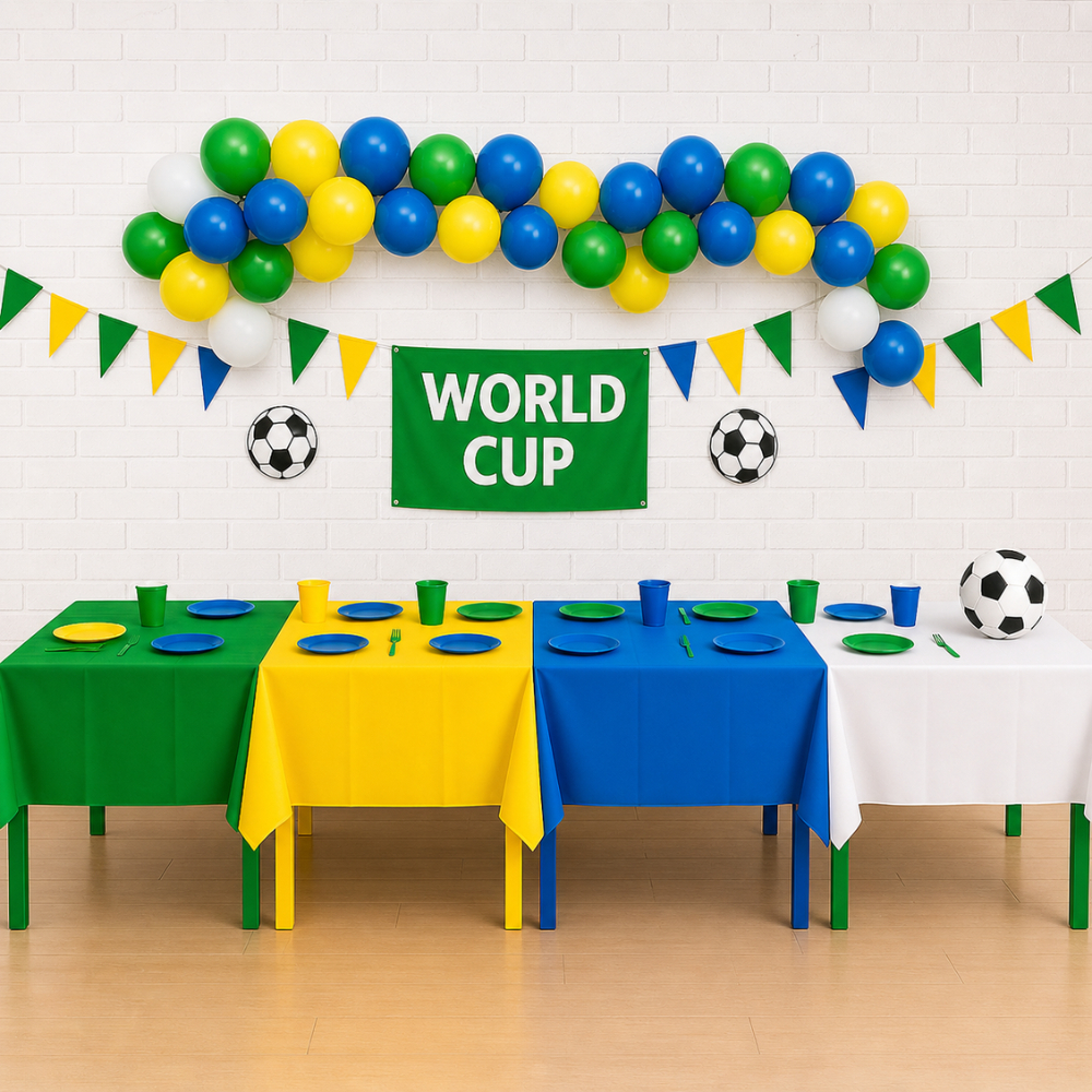 Kit Copa do mundo Toalha de Mesa TNT Amarelo/Azul/Verde/Branco 0,70cm x 0,70cm