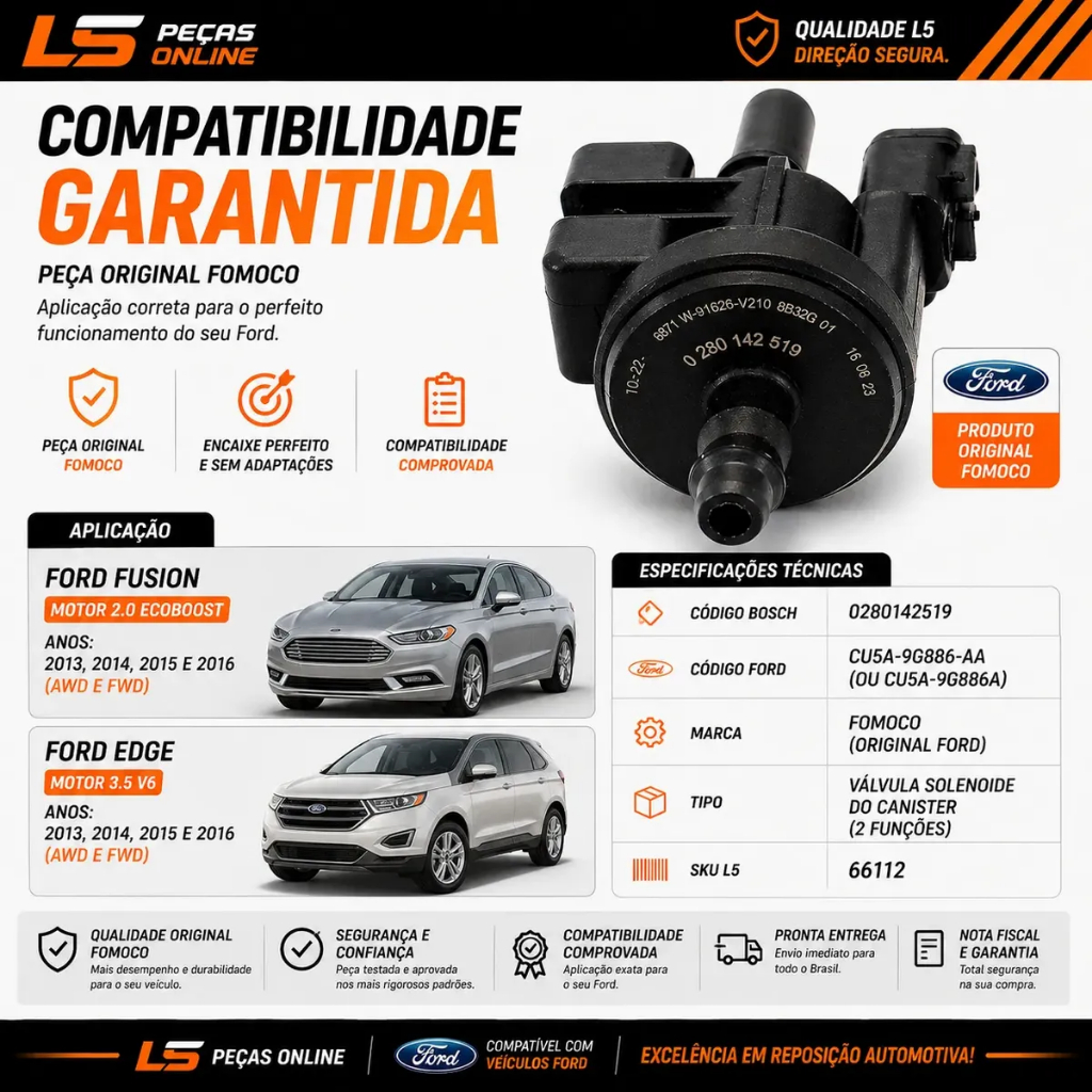 Valvula Solenoide Purga Canister Ford Fusion 2.0 2.5 2013 A 2016 FoMoCo Original Injeçao
