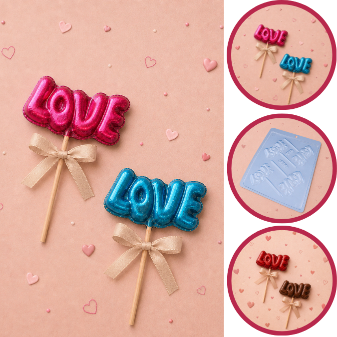 1~10 Forma Simples Pirulito Love 334 - (C4) em Acetato BWB Para Bombom e Doces de Chocolate e Confeitaria. (CHOCO)