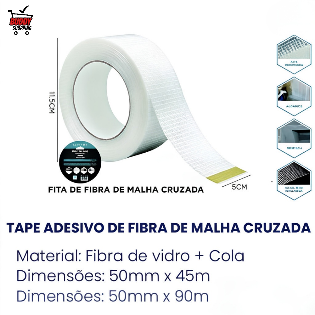 Fita Filamentada Fibra De Vidro 50mm Malha Cruzada Alta Resistência Reforçada