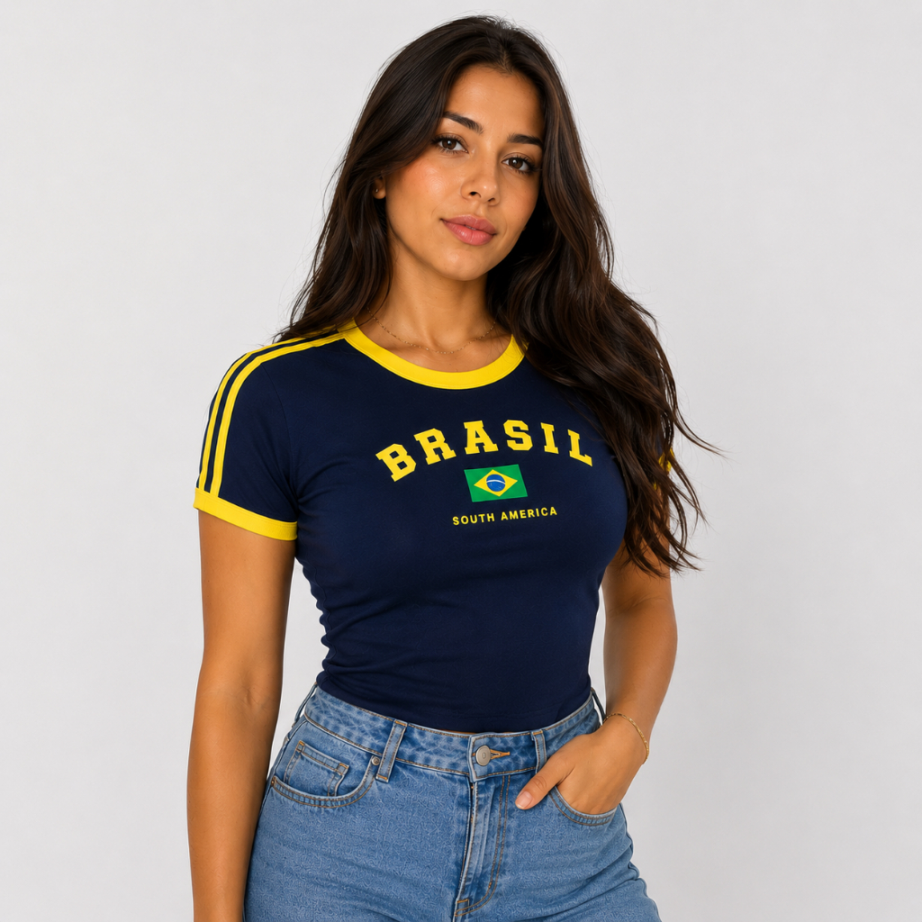 Blusinha Baby Look Cropped Feminina Brasil Retrô Camiseta Estampada Canelada South America Premium-  6 cores