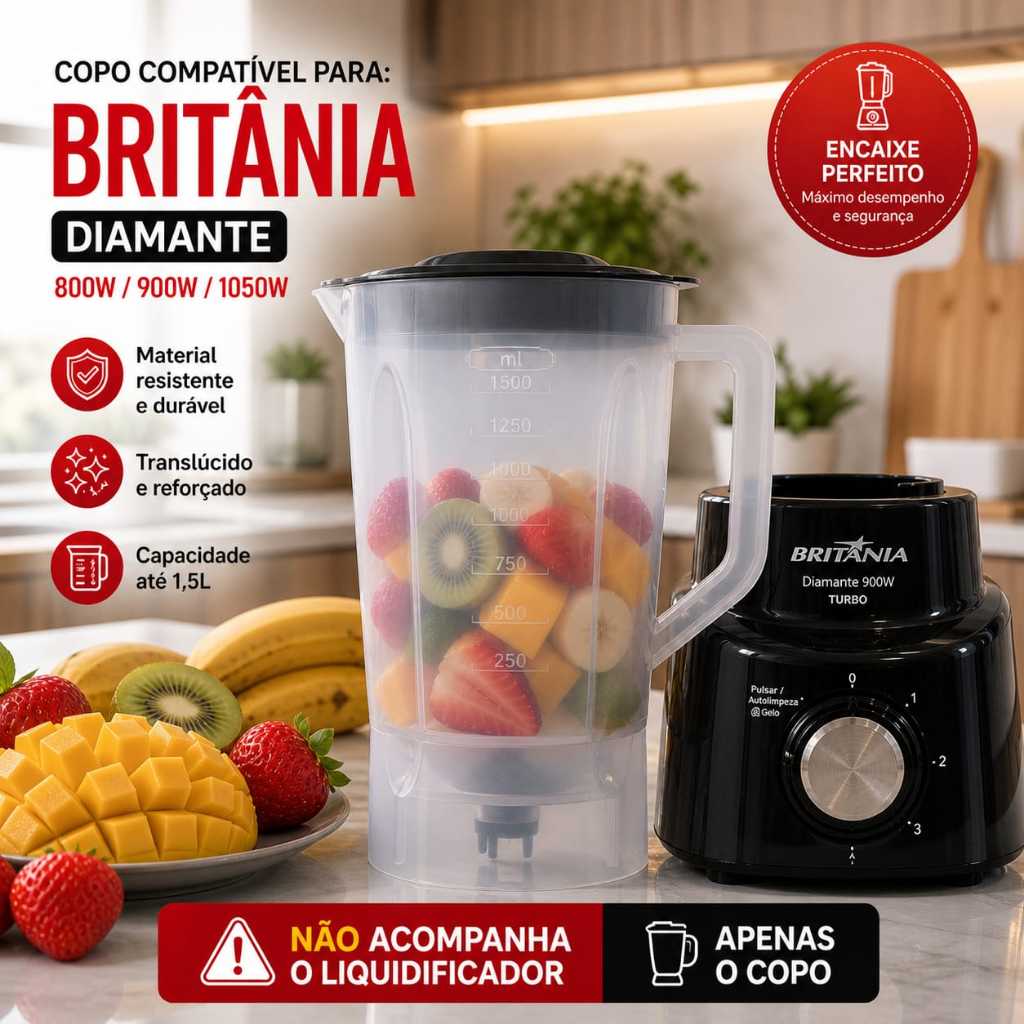 Copo para liquidificador compativel com. Britania Diamante 800 1050 TO GO 900 W BLQ 970 Turbo Transl (tamp Pta) -9519