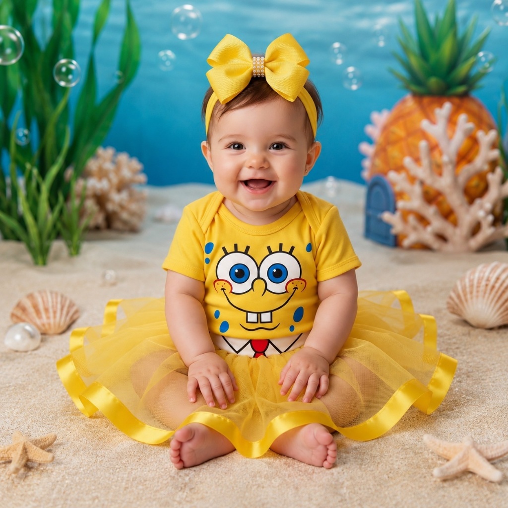 Body Bebê Bob Esponja Menina + Saia Tutu + Laço Roupa Infantil Mesversário