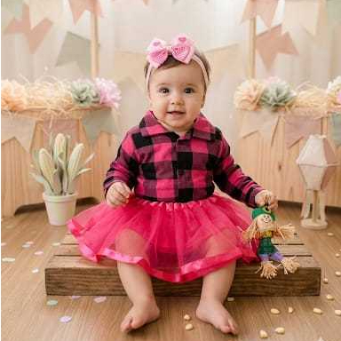 Body  Camisa bebê menina xadrez flanelado mesversario festa junina São João roupa caipira Rosa pink + saia + laço
