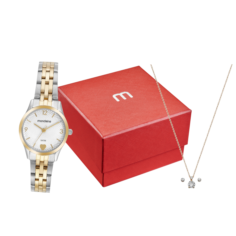 Relógio Feminino Mondaine Bicolor Dourado Prata Original com Colar Brinde Elegante Coração