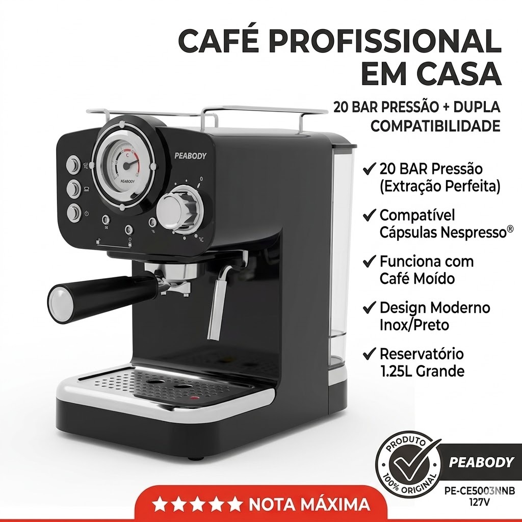LANÇAMENTO! Café Profissional Máquina Cafeteira Espresso 20 Bar 1,25L Nespresso Cápsulas e Pó - 127V