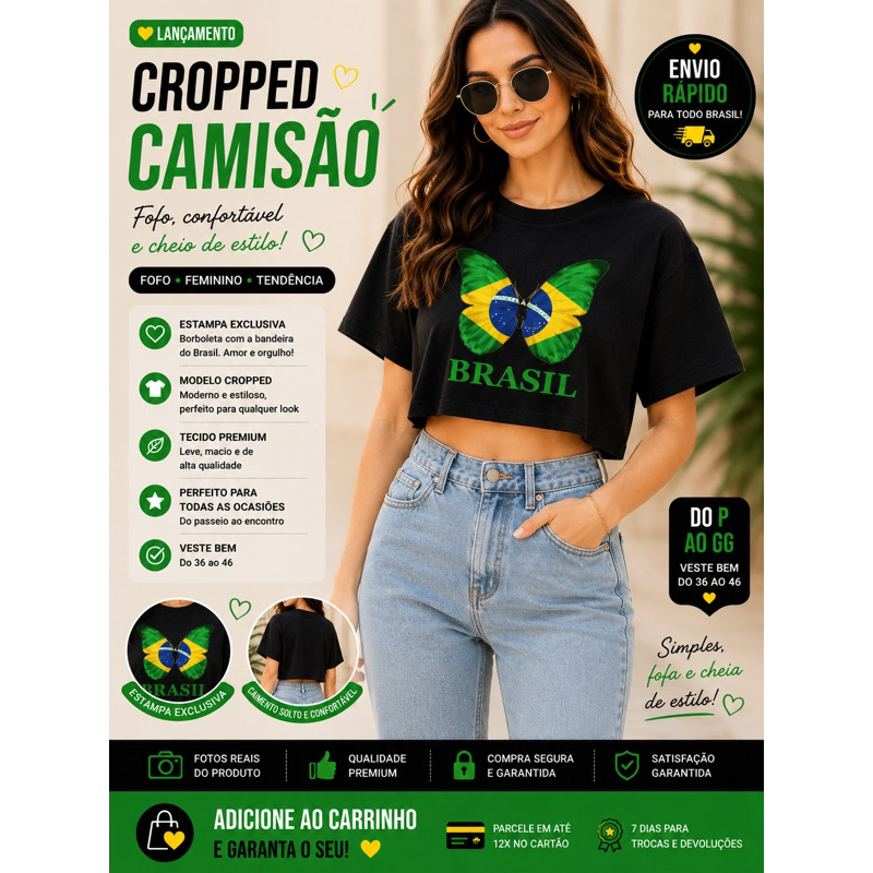 Blusa Cropped Oversized StreetWear Algodão 30.1 Copa 2026 Brasil Copa Do Mundo Feminina Brazil Borboleta
