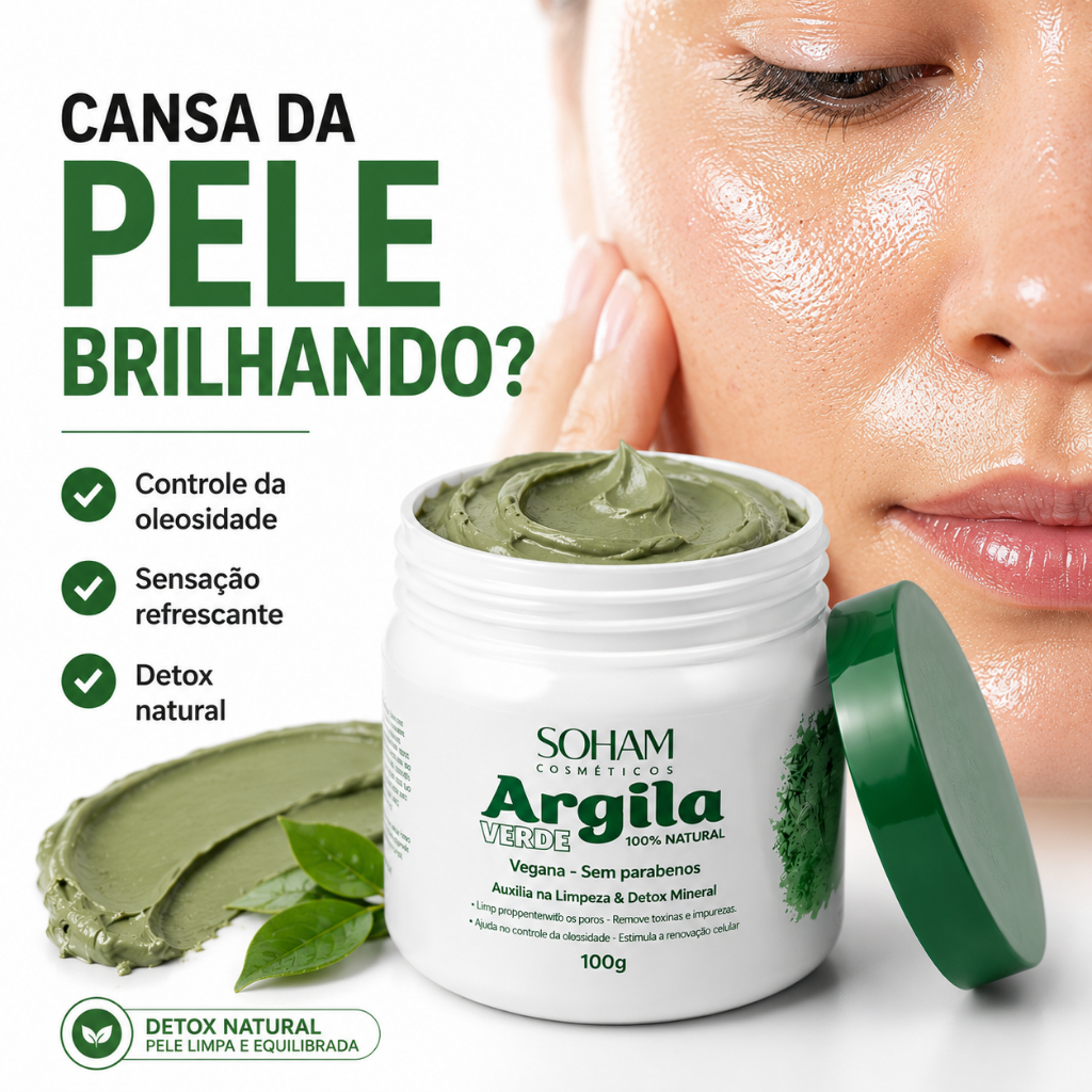 Argila Verde em Pó Soham 100g Spa Facial Detox Reduz Cravos Espinhas e Excesso de Oleosidade