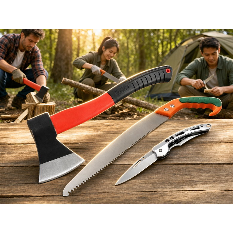 Kit serrote poda galho carpinteiro jardim + machadinha lenha + Canivete Retrátil Pesca Caça Camping