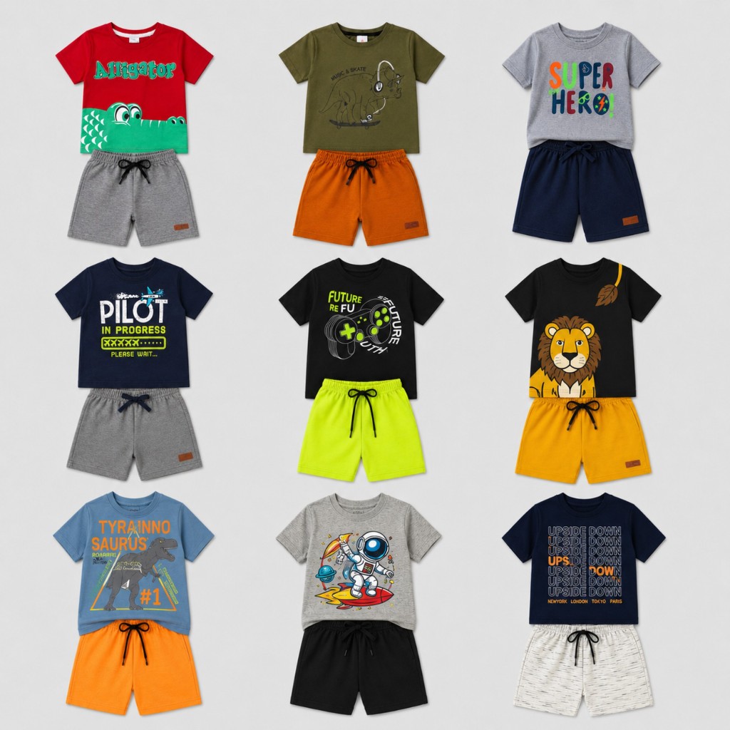 Kit Sortido Peças de Roupas Infantil Menino Verão Camisetas Algodão + Bermudas Moletinho