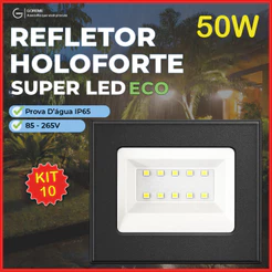Kit 10 Holofote Refletor Led ECO Pro 50W Branco Frio 6500K Branco Quente Verde| IP65 | Luz Econômica | Para Jardim