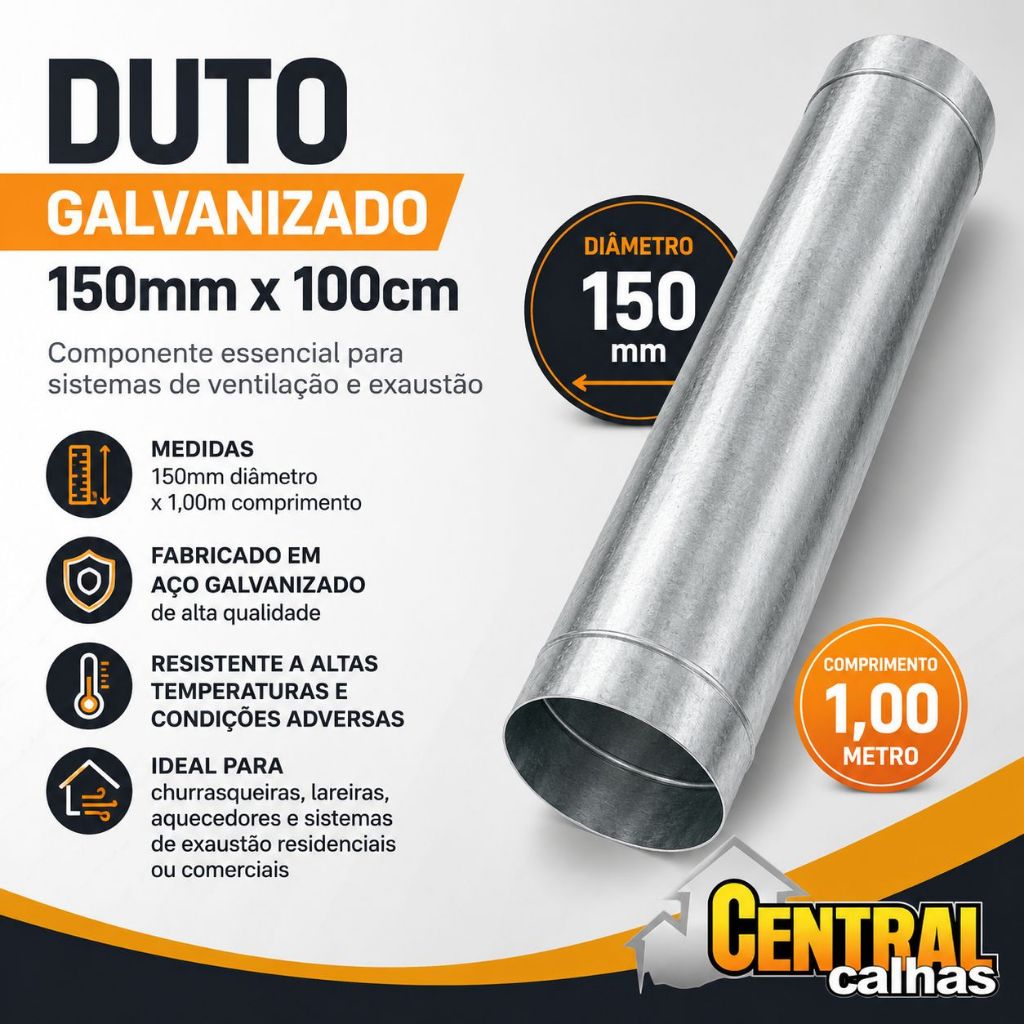 Tubo/duto Aço Galvanizado P/ Chaminé 15cm (150mm)x 1m Aço