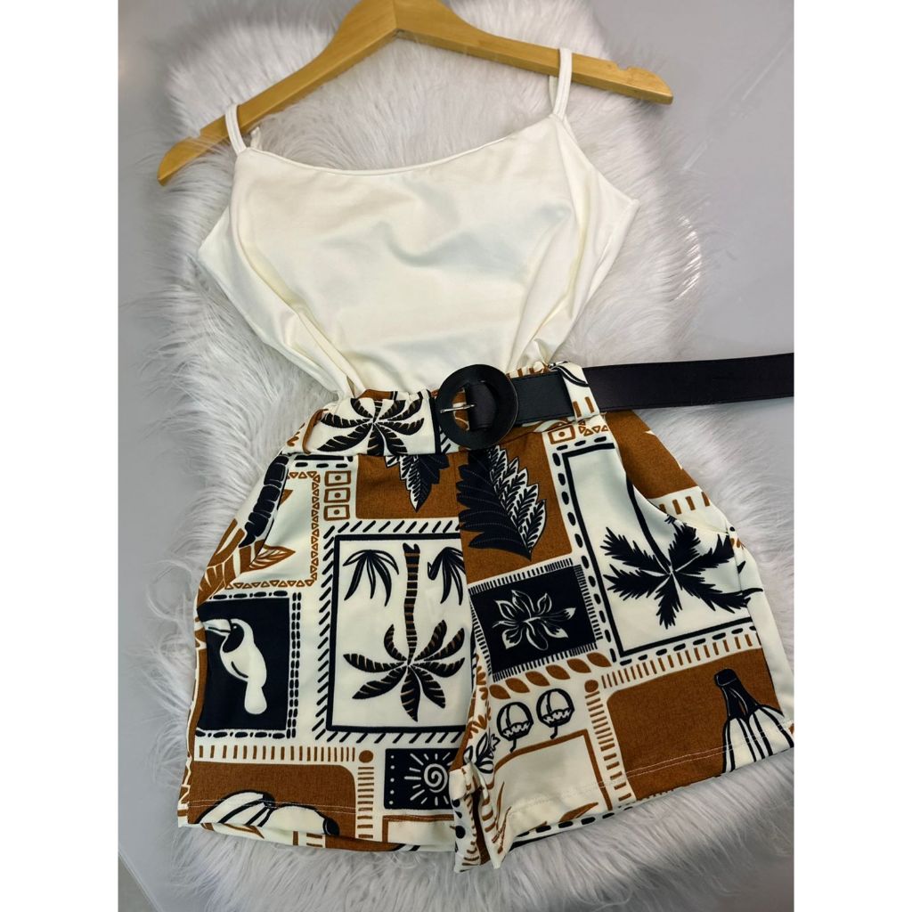 Conjunto Feminino Regata  + Short com cinto Moda Blogueira Conjuntinho Luxo Blusa com short