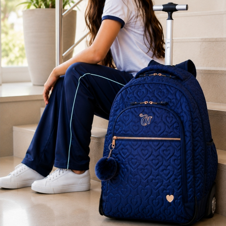 Mochila Escolar 2EM1de Costas e Rodas Capricho Love Original Azul Original Alta Resistente Grande