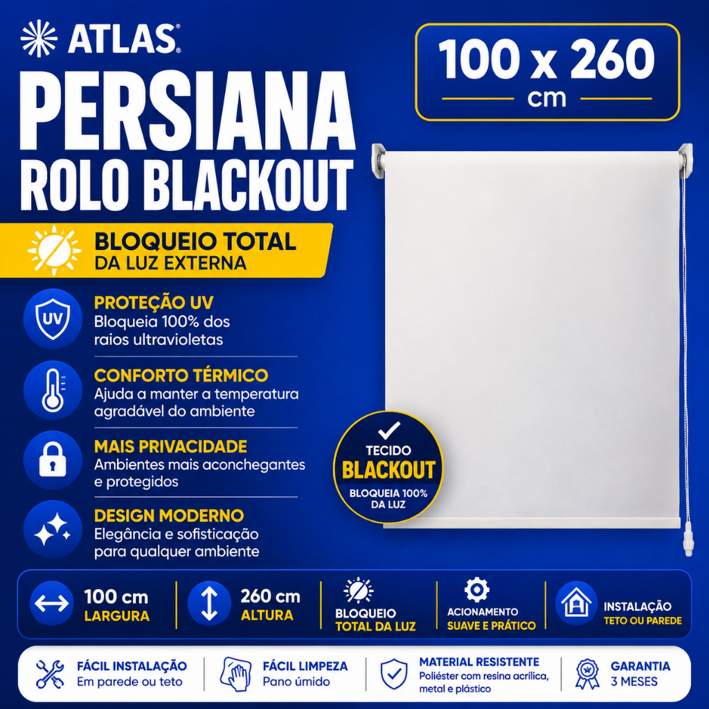Persiana Em Rolo De Tecido Blackout 100x260cm Branco Atlas