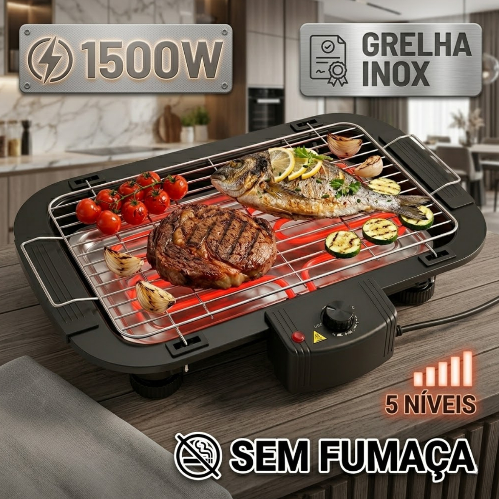 Churrasqueira Eletrica Grill Sem Fumaca 1500w Portatil Para Apartamento