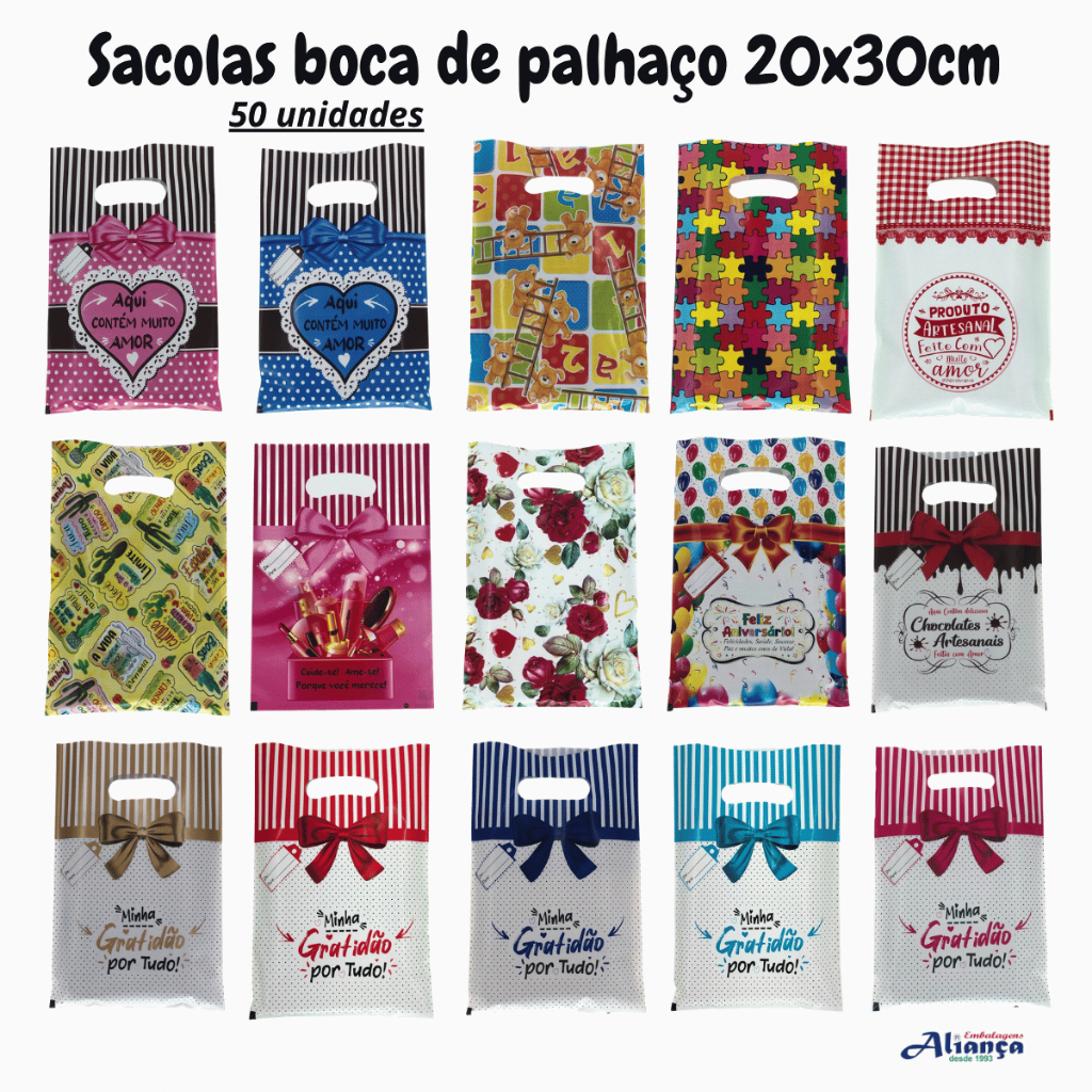50 Sacolas Boca de Palhaço 20x30cm Estampadas