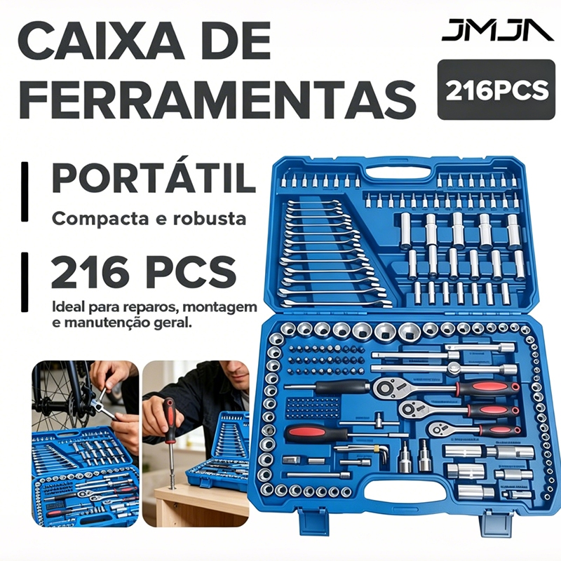JMJN Kit Ferramentas Profissional 216 Peças com Maleta Soquetes Chave Catraca Of