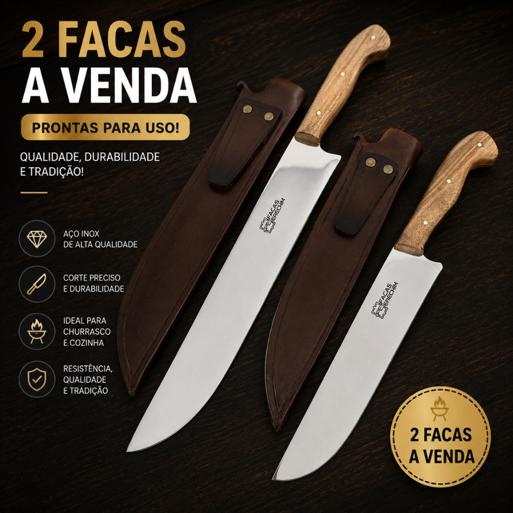 2 Faca Cozinha Artesanal 11 Polegadas e 8 Polegadas Aço inox Cabo Madeira