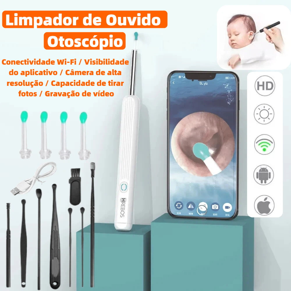 Limpador de Ouvido Otoscópio HREBOS com Câmera Removedor de Cera Limpeza Wireless IF-388