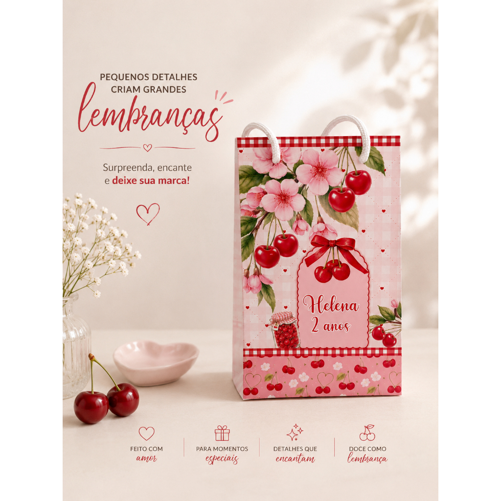 Sacolinha Cerejinha Personalizada Luxo | Lembrancinha Infantil Feminina com Alça | Papel Fotográfico