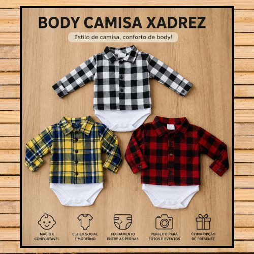 Body Camisa Xadrez Bebê Manga Longa – Estilo Social Confortável (Menino e Menina)