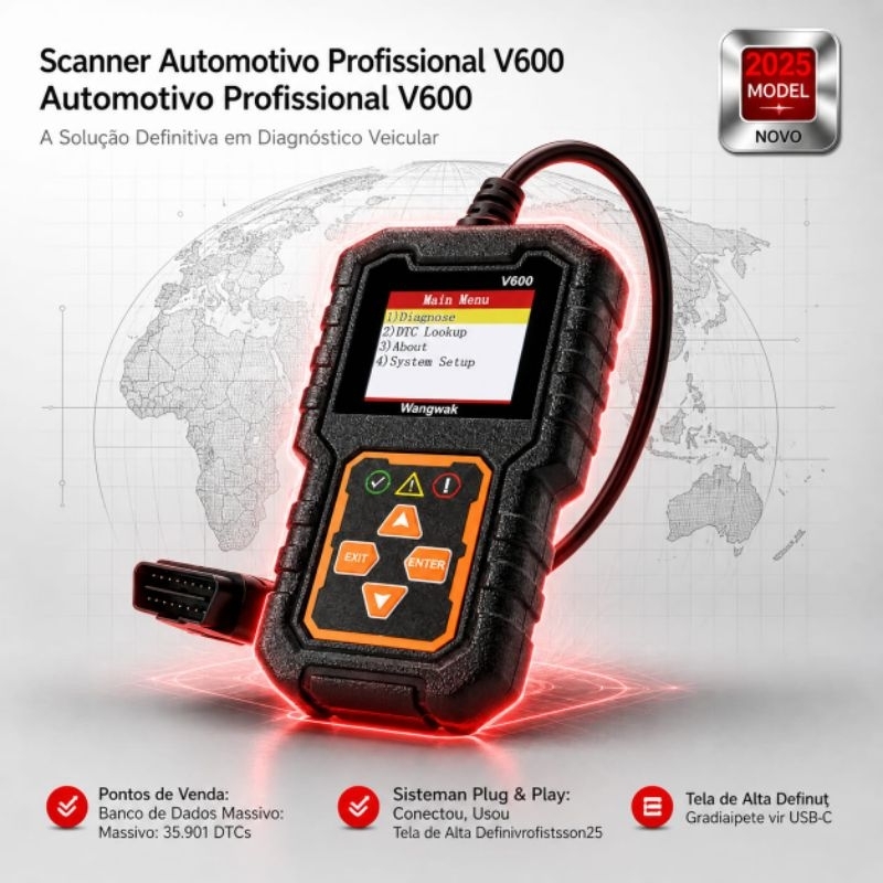 Scanner automotivo odb2 v600 lê e apaga códigos de falha em português