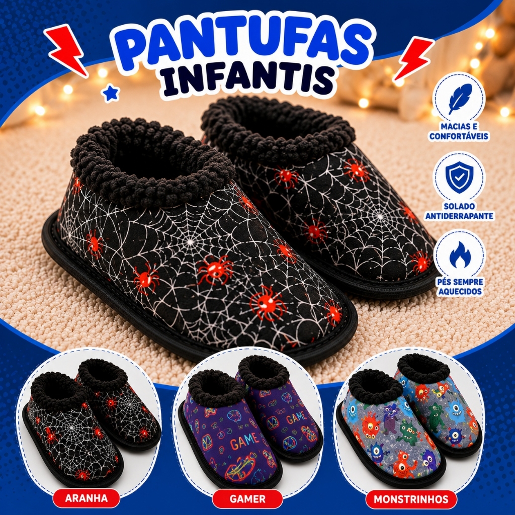 Pantufa Botinha Infantil Menino Peluciada Quentinha Inverno Solado Antiderrapante
