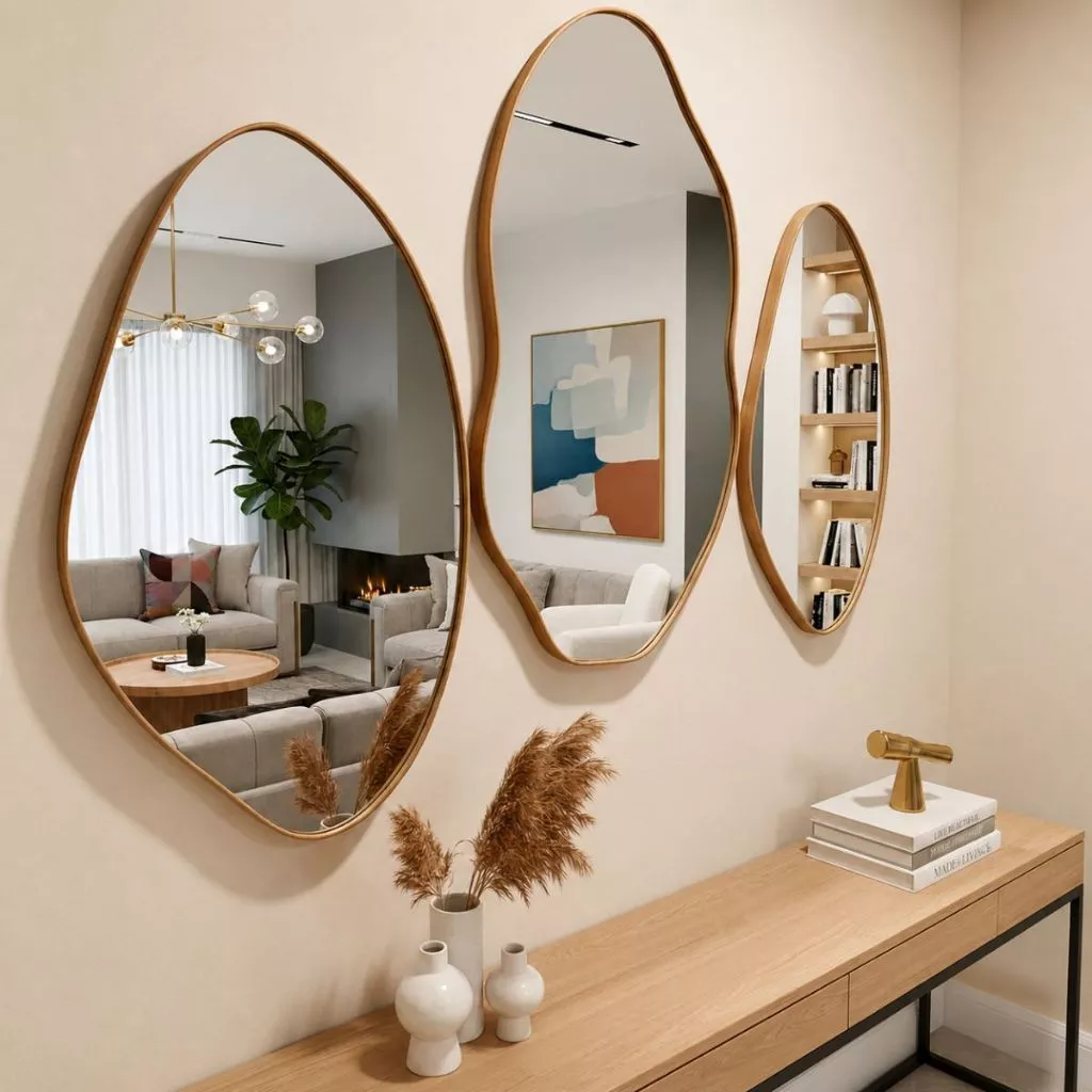 Kit 3 Espelhos Orgânicos Decorativos Parede 60x40 e 70x50 Moldura Couro Reforçado + Suporte Sala Quarto Banheiro — imagem 1