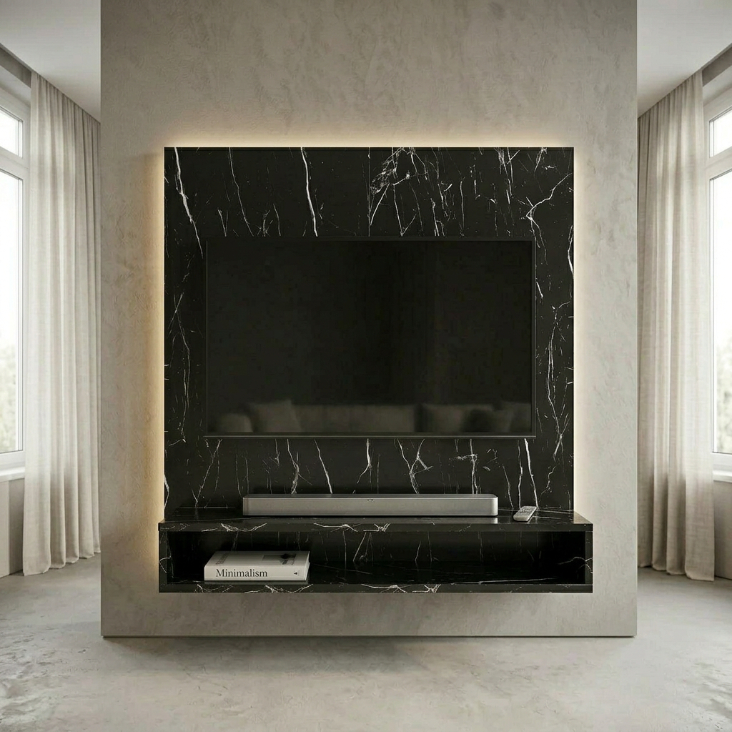 Painel Para Tv Sala/Quarto Até 50 Polegadas Play Marmore Casa Com Prateleiras Nichos PRETO MARMORE