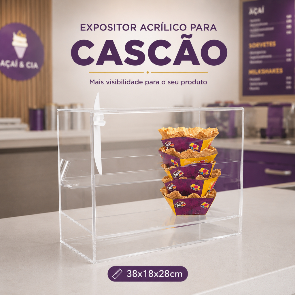 Expositor Acrílico Para Cascão E Casquinha Sorveteria Açaíteria Balcão Premium Transparente