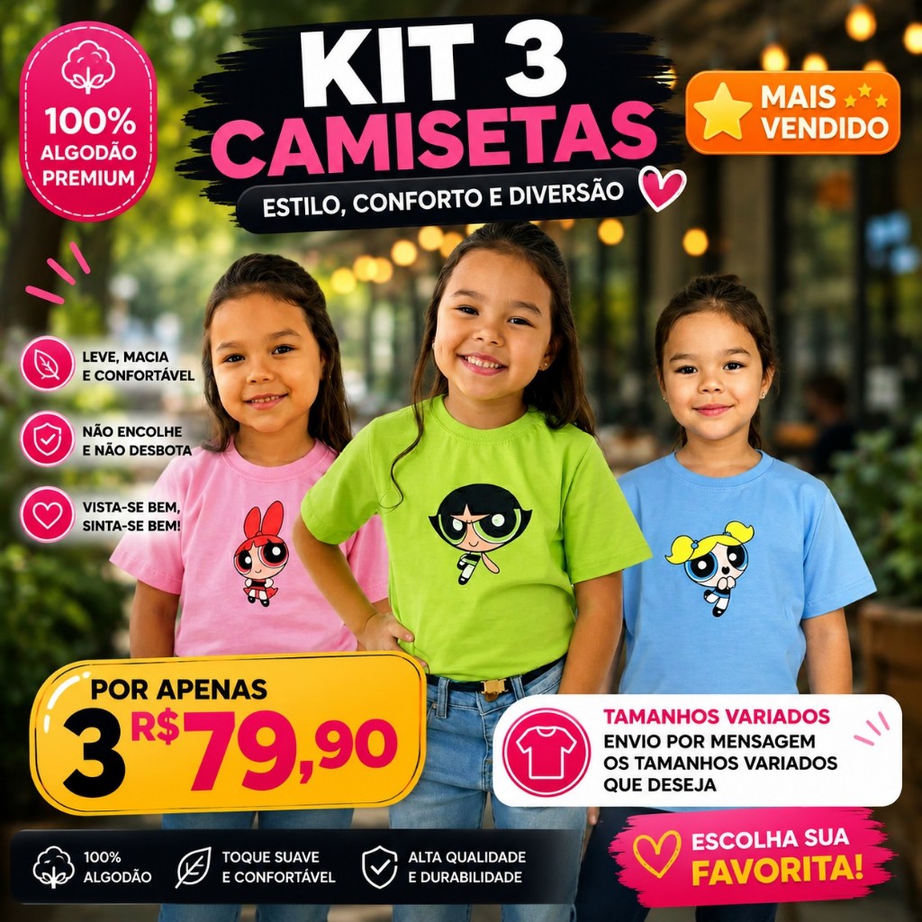 Kit 3 Camiseta Feminina Estampada Meninas Super Poderosas Docinho Lindinha e Florzinha
