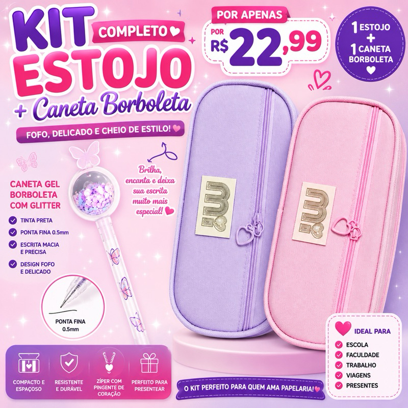 Kit Estojo Escolar + Caneta Gel Borboleta Glitter – 1 Caneta Preta Ponta Fina 0.5mm | Estojo Fofo Kawaii