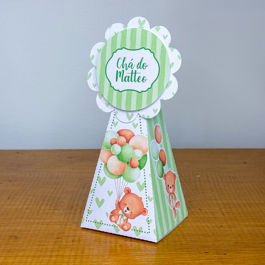 Caixinha Cone Piramide Chá de Bebê Ursinho Verde para Lembrancinha para Festa Personalizada Qualquer Tema