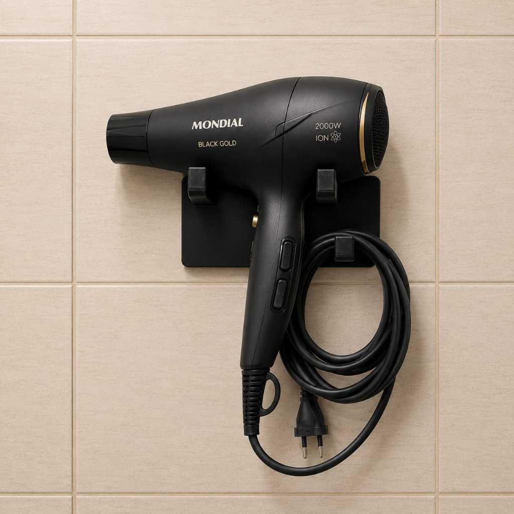 Suporte para Secador de Cabelo e Cabo Porta Secador com Alta Fixação Fácil Instalação e Sem Furos