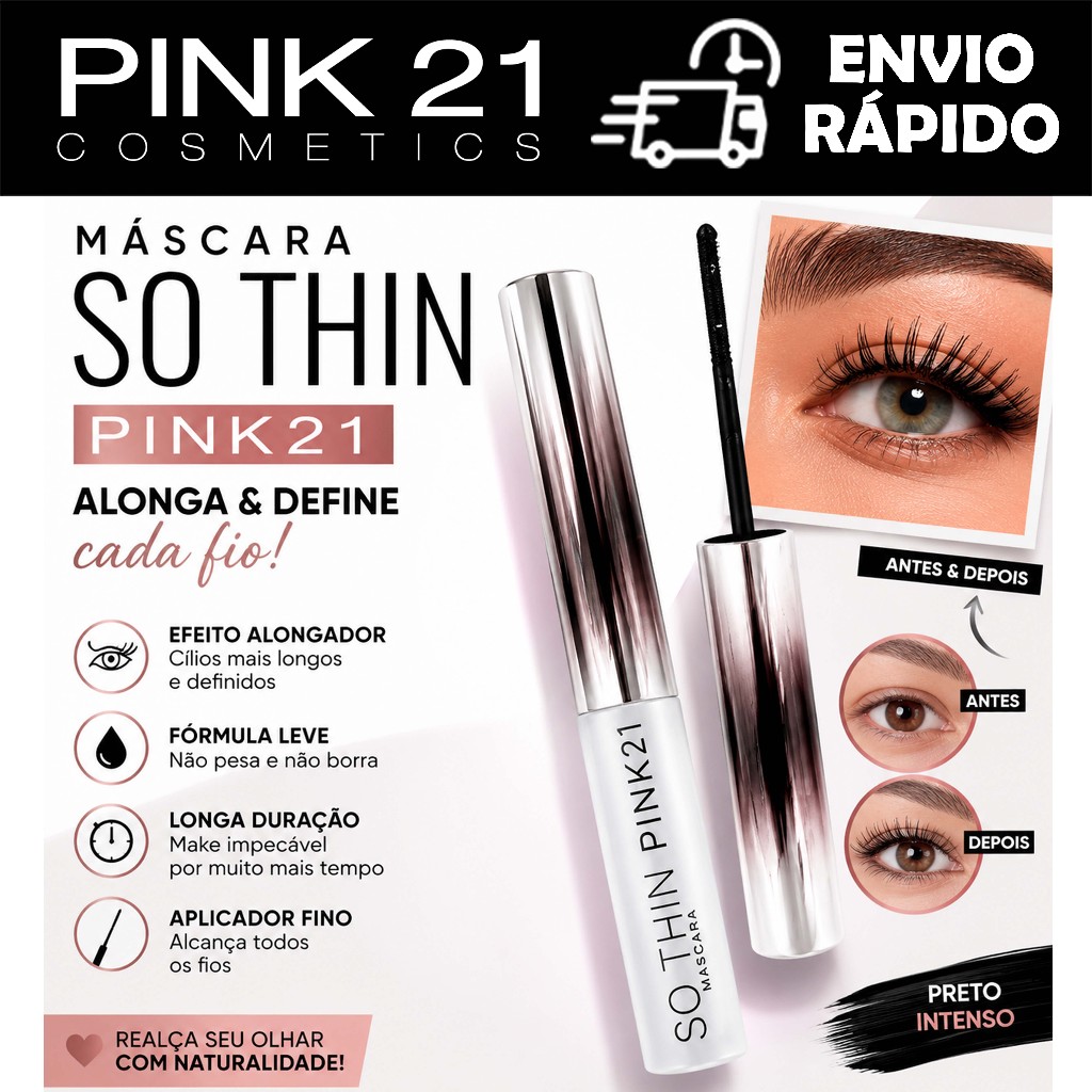 Máscara de Cílios Só Thin Pink 21 Alongadora Definição Fio a Fio Longa Duração