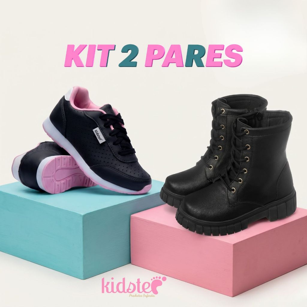 Kit 2 Pares Tênis Infantil Feminino Escolar Preto e Coturno Preto Kidstep