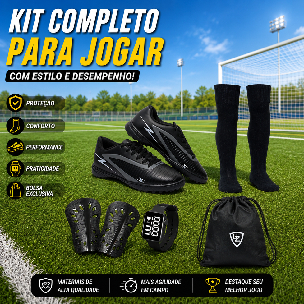 Chuteira Society Campo Sintético Grama Striker Original Uzze Sport Meião Mochila Caneleira Relógio