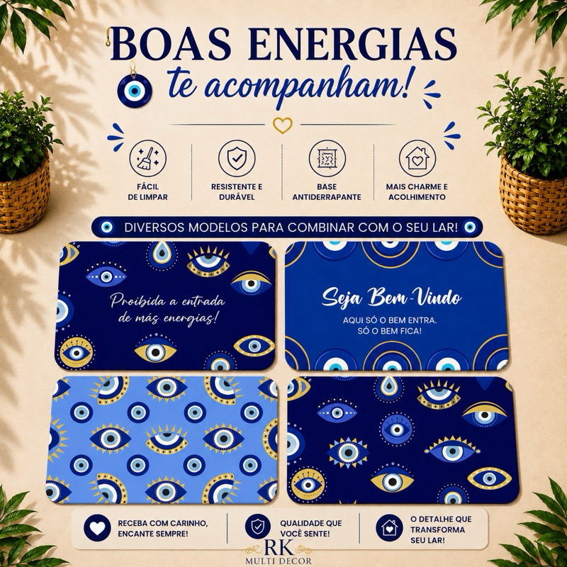 🧿Coleção de Tapetes Antiderrapante Com Costura Reforçada Para Cozinha, Banheiro e Porta Olho Grego