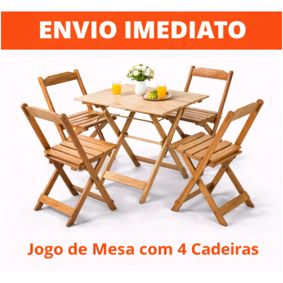 Jogo Conjunto Mesa Madeira Dobrável 70x70 Com Quatro 4 Cadeiras Bar Restaurante Gourmet